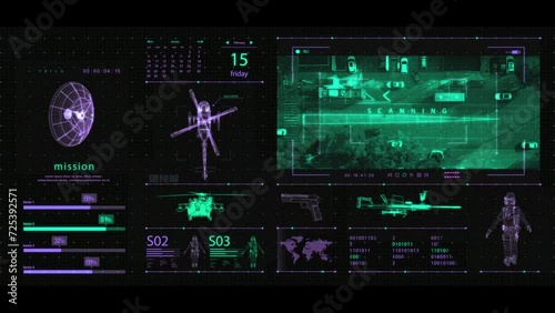 Futuristic HUD elements on a computer display with military  scheme, navigation system and code on a screen. Hitech Illustration photo