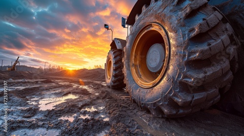 Big rubber wheels of soil grade tractor car earthmoving at road construction side. Close-up of a dirty loader wheel with a large tread with sky sunset photo