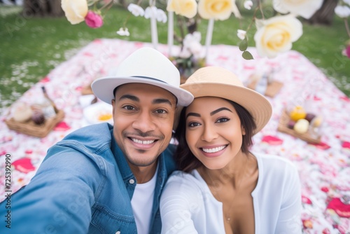 couple selfie, romantic picnic setup with roses background