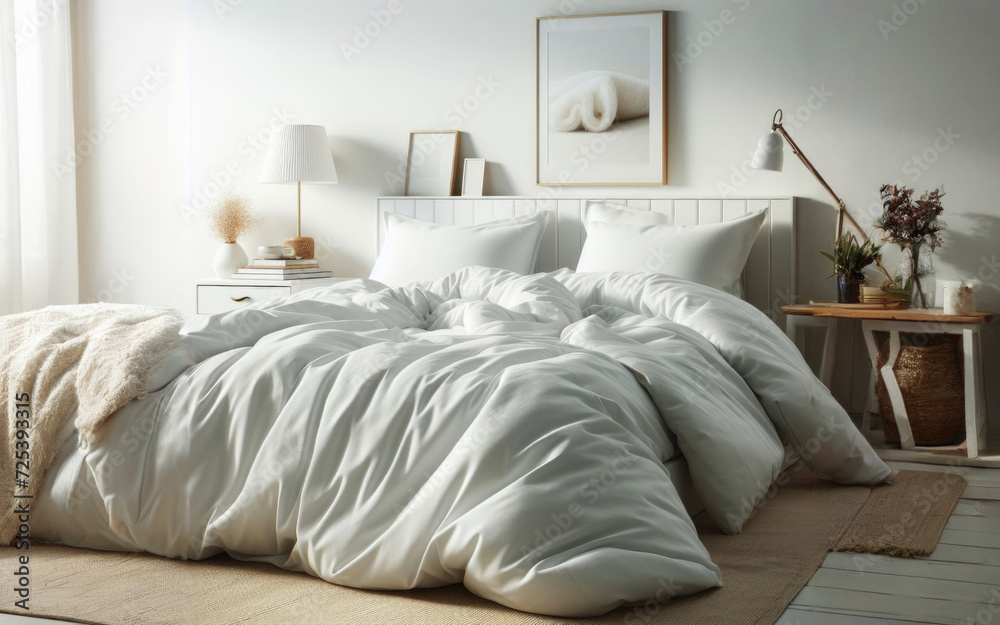Luxury bedroom. King bed with white linens and pillows. Interior with view window, bed with white bed linen and curtains Luxury bedroom. King bed with white linens and pillows. Interior with view window, bed with white bed linen and curtains