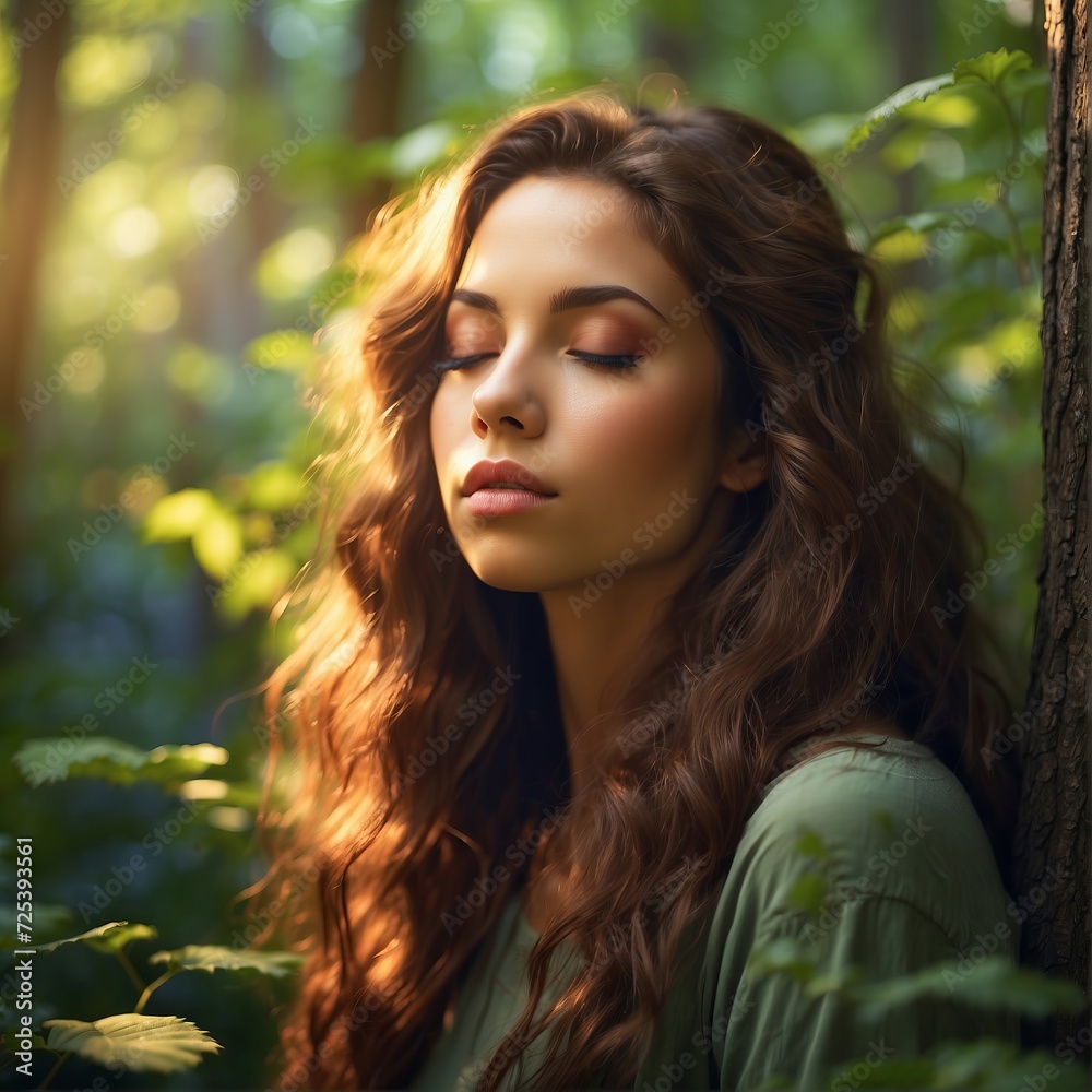 Naklejka premium Woman Relaxing in a Green Forest with Sunlight and Cool Breeze