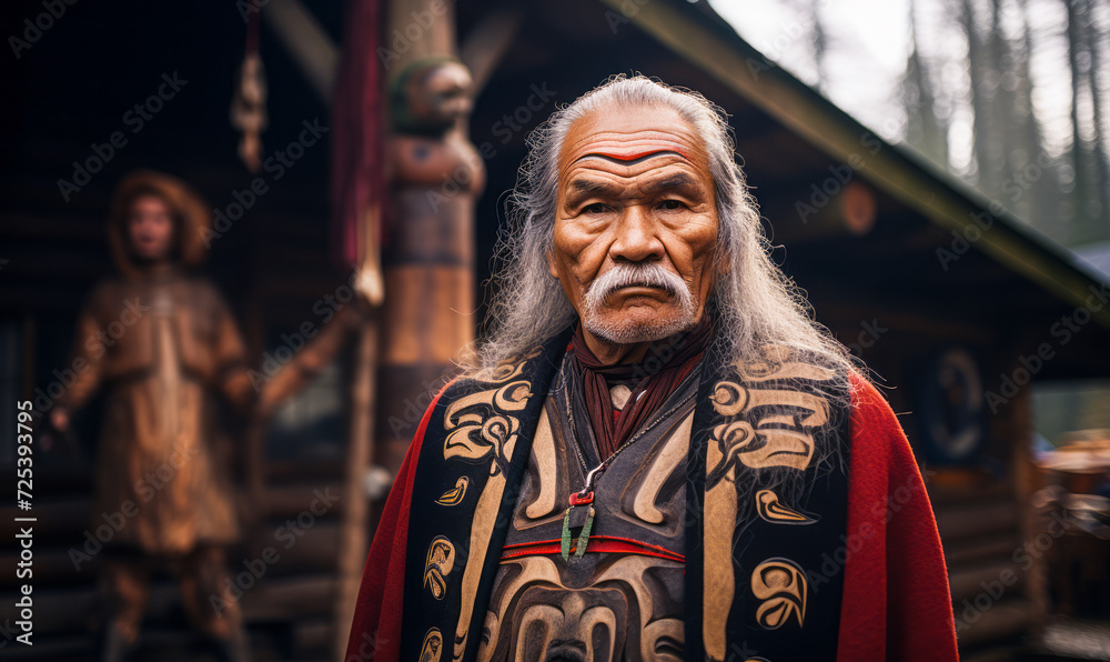 Elder Indigenous man in traditional regalia standing proudly before a