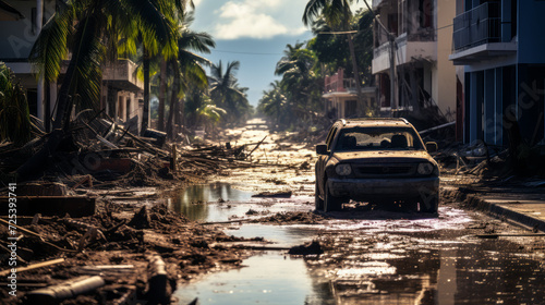 Post-hurricane disaster scene with a flooded street, debris, and damaged vehicles under the scorching sun in a tropical location photo