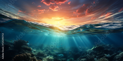 Dramatic underwater seascape with sunbeams piercing through the ocean surface amid rolling waves and a vibrant sunset sky