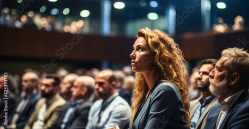 Audience Engaged in Focused Attention at a Professional Conference Event, Listening to Speakers on Stage, Business Seminar in Modern Venue