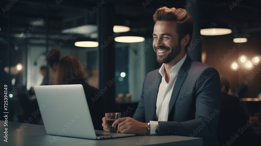 Fototapeta premium Portrait of smiling businessman in office, business person sitting at desk working on his laptop, corporate life, Entrepreneur portrait