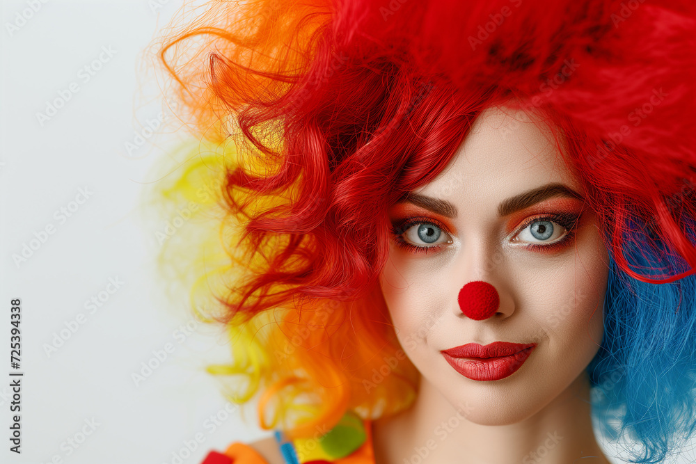 A Beautiful Young Woman Embracing the Spirit of April Fool's Day, Adorned in a Clown Wig with a Vibrantly Painted Face, Set Against a Crisp White Background. Place for text

