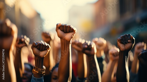 Raised fists in solidarity at a protest