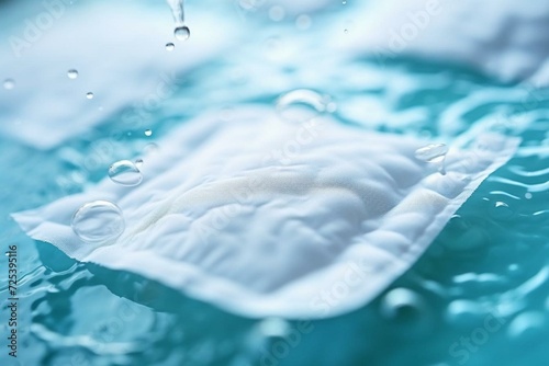 Closeup of water droplets flowing through absorbent pad for advertising diapers and sanitary napkins. Soft comfort from sponge pads and hygroscopic tablets. Generative AI photo