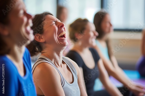 Obraz na płótnie women in a yoga class laughing after a funny slip or pose w salonie
