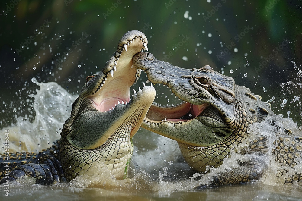 Obraz premium Two crocodiles tearing and biting in the water