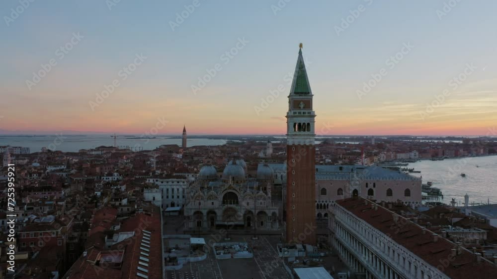Aerial view of St Mark 's square and bell tower at sunrise, Venice, Italy