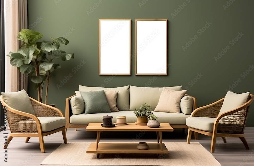 Stylish living room adorned with an abstract frame poster, featuring modern interior design, accompanied by a 3D render and illustration. Made with generative AI technology Stylish living room adorned with an abstract frame poster, featuring modern interior design, accompanied by a 3D render and illustration. Made with generative AI technology