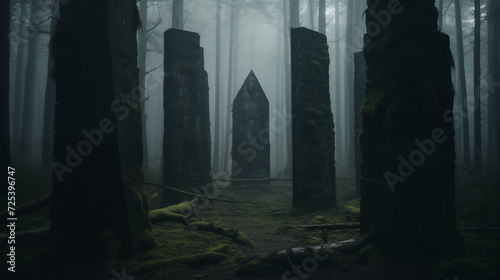 Ancient Stone Monoliths in Misty Forest © LAJT