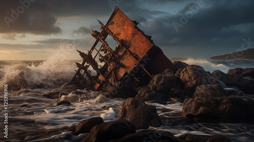 Shipwreck on Rocky Shore at Sunset