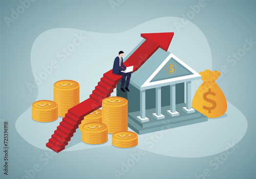 Economic, Banking business growth. Bank building with money bag and coins. Growth arrow like upward steps.