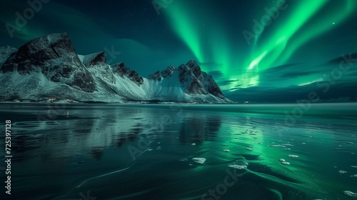 Aurora borealis on the Lofoten islands, Norway. Green northern lights above mountains and ocean shore. Night winter landscape with aurora and reflection on the water surface.