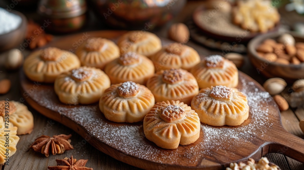 Maamoul, traditional Middle Eastern cookies, meticulously arranged on a rustic wooden table. Each cookie is filled with delicious dates or nuts, visible through the delicate dough.