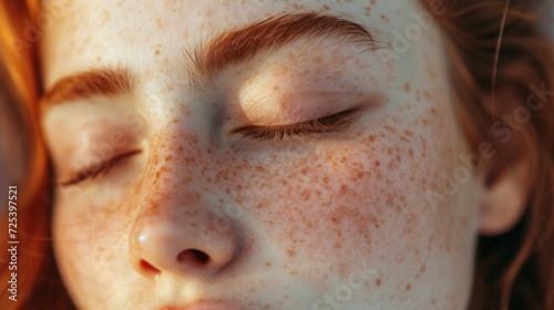 close up view of tender girl with freckles on face touching closed eyes