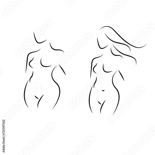 Silhouettes of lovely lady. Beautiful girl stand in different pose. The figures of women are nude, feminine and slender. Vector illustration.