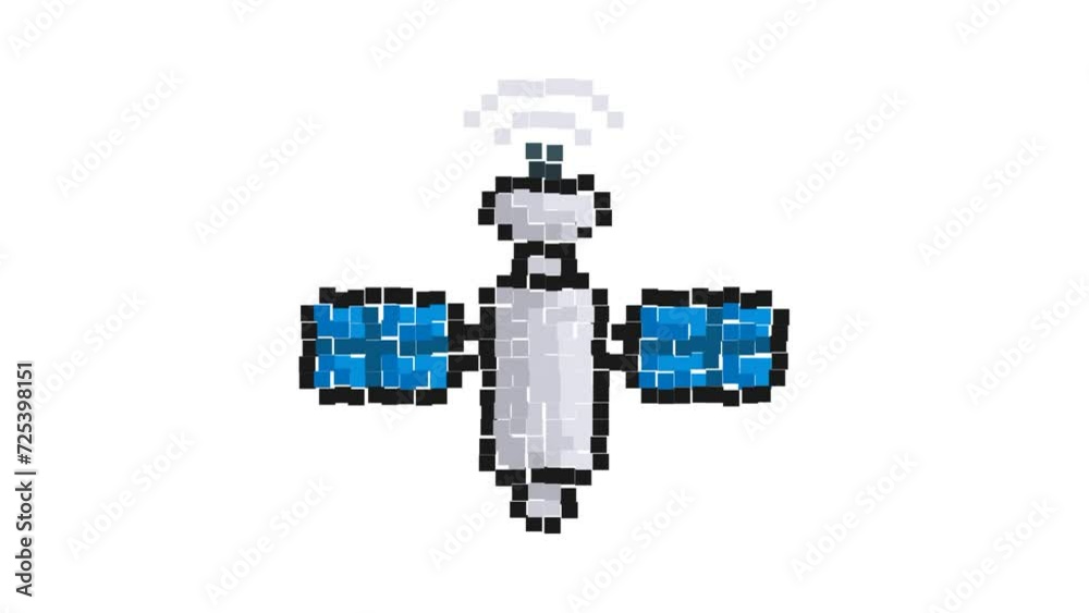Animated Pixel icon. Satellite fly and transmit communication signal. Satellite communication and GPS navigation. Simple retro game looped video isolated on white background