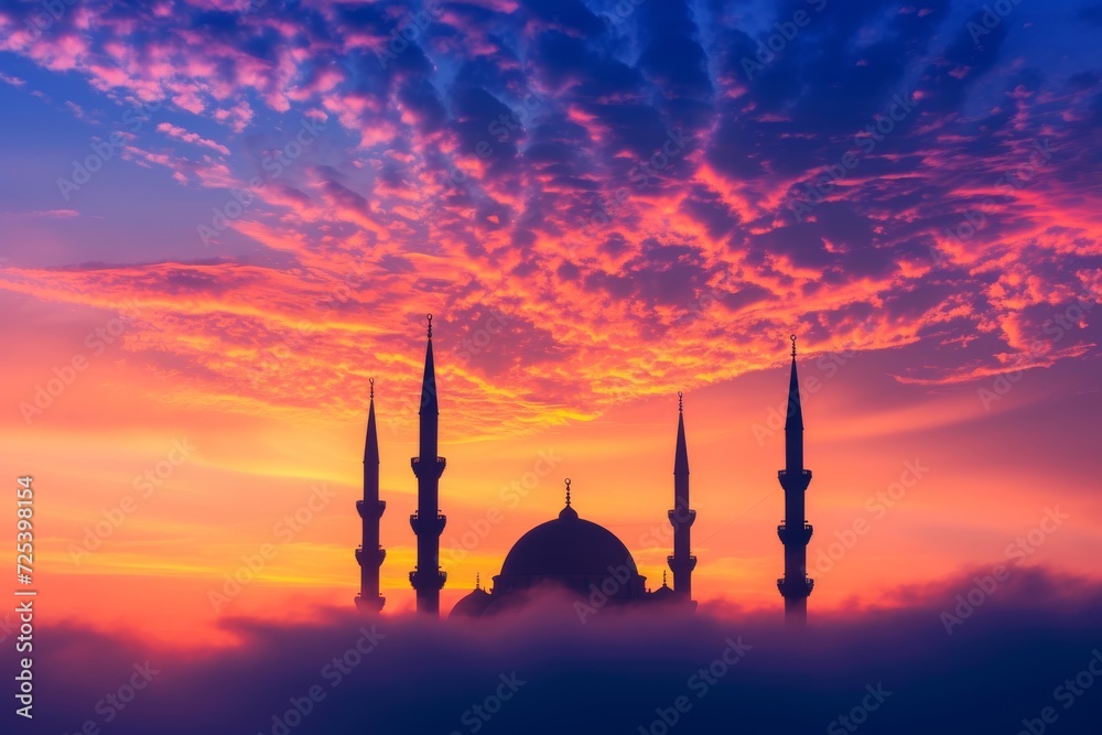 mosque silhouetted against a vibrant and colorful
