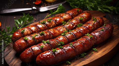 Juicy grilled meat sausages garnished with parsley on a wooden board, with a dark rustic backdrop.