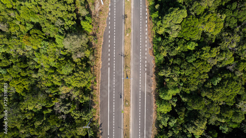Aerial view of a dual carriageway running through a dense forest, symbolizing infrastructure and nature coexistence