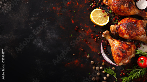 Succulent roasted chicken drumsticks copy space banner seasoned with spices, garnished with herbs, lemon, and garlic on a dark textured background photo