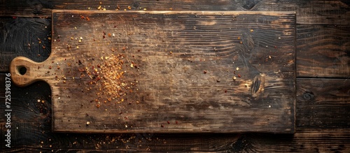 Top view of a wooden table with an aged cutting board and crumbs