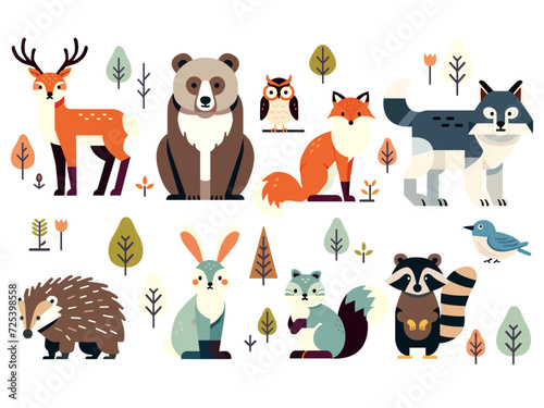 【森の動物】狐・鹿・熊・鳥・狼・うさぎ・リス・ハリネズミ・アライグマのベクターイラスト【aiデータ】