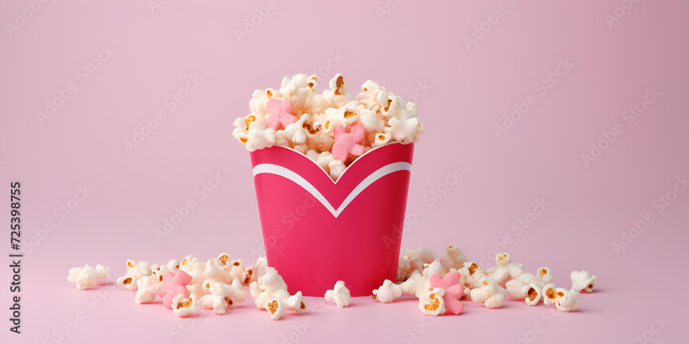 Popcorns in a bucket for a movie session, A red and white cup of popcorn with a pink background


