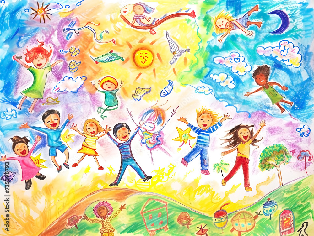 Childlike drawn picture featuring characters with autism, portraying joy and creativity in their world. Childlike drawn picture featuring characters with autism, portraying joy and creativity in their world.