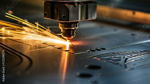 CNC Laser cutting of metal, modern industrial technology Making Industrial Details. The laser optics and CNC (computer numerical control) are used to direct the material or the laser beam generated