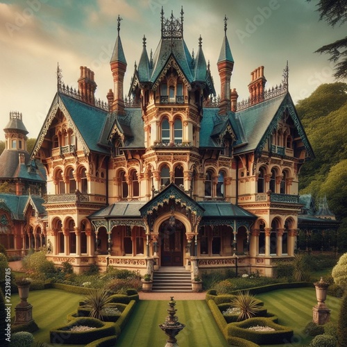 A Victorian mansion adorned with turrets and gables.