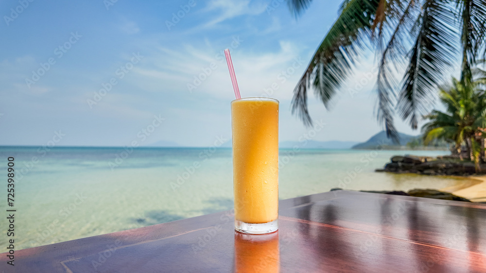 A refreshing tropical drink on a wooden bar overlooking a serene beach setting with palm trees and clear sea water, embodying a relaxed summer vacation vibe A refreshing tropical drink on a wooden bar overlooking a serene beach setting with palm trees and clear sea water, embodying a relaxed summer vacation vibe
