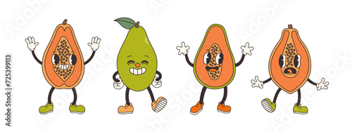 Groovy papaya set. Hand draw Funny Retro vintage trendy style apple cartoon character. Doodle Comic collection