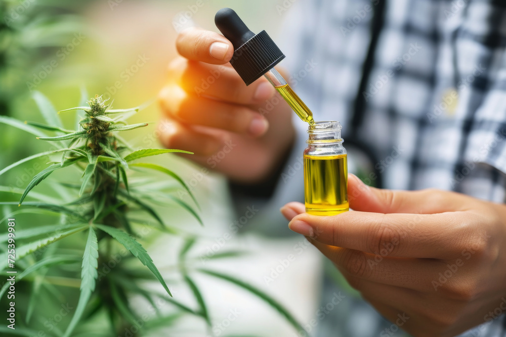 CBD Oil Dropper with Cannabis Plant.
Hand holding a dropper bottle of CBD oil with a cannabis plant in the background. CBD Oil Dropper with Cannabis Plant.
Hand holding a dropper bottle of CBD oil with a cannabis plant in the background.