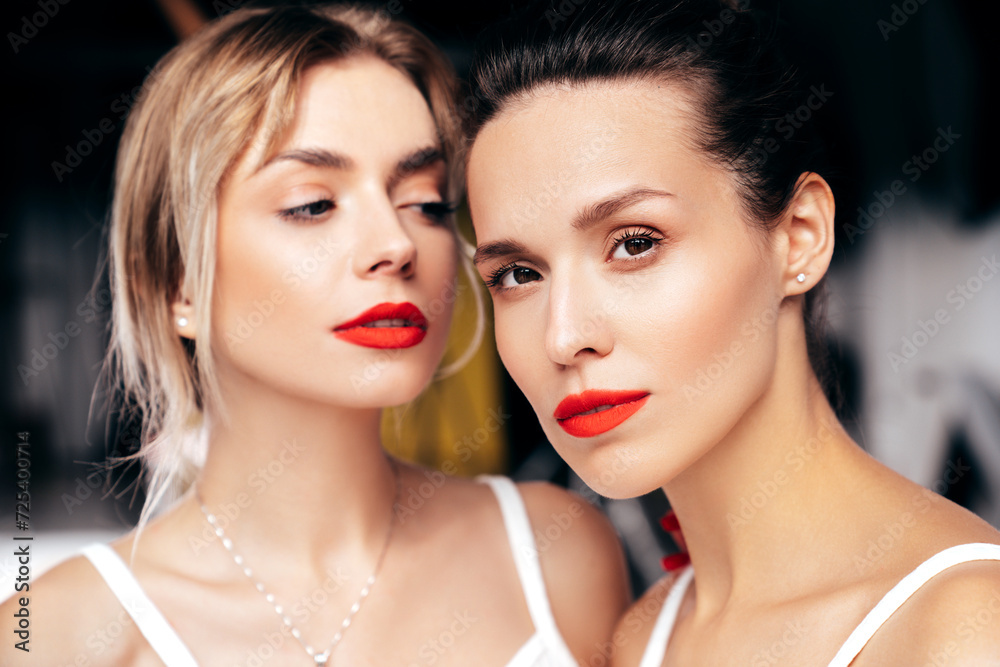 Closeup portrait of two young beautiful confident brunette female with glamour evening makeup. Sexy women with healthy glowing face skin. Hot models with red lips posing over dark background Closeup portrait of two young beautiful confident brunette female with glamour evening makeup. Sexy women with healthy glowing face skin. Hot models with red lips posing over dark background
