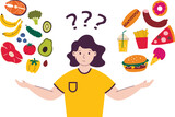 Woman chooses between the concept of healthy and unhealthy foods vector illustration. Fast food, sweet and fatty foods or natural organic foods. 