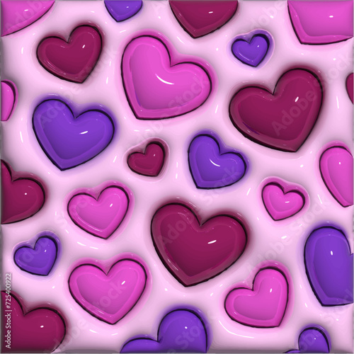 A vector square background for the Valentine's Day, with 3D glossy red, pink and purple hearts