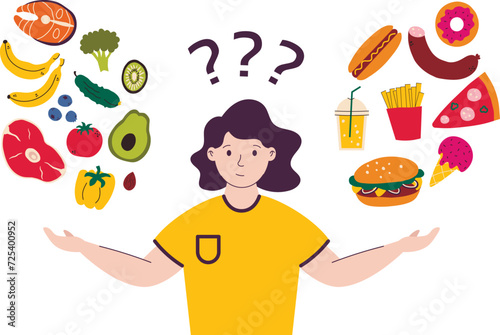 Woman chooses between the concept of healthy and unhealthy foods vector illustration. Fast food, sweet and fatty foods or natural organic foods. 