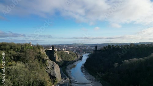 The Clifton Suspension Bridge in Bristol, UK on a sunny winter's day, filmed with 4K drone photo