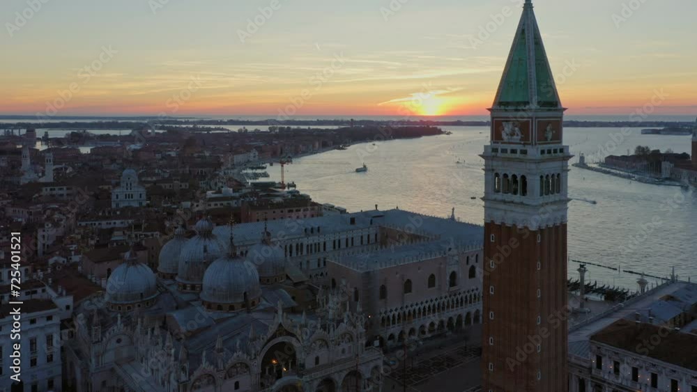 Aerial view of St Mark 's square and bell tower at sunrise, Venice, Italy