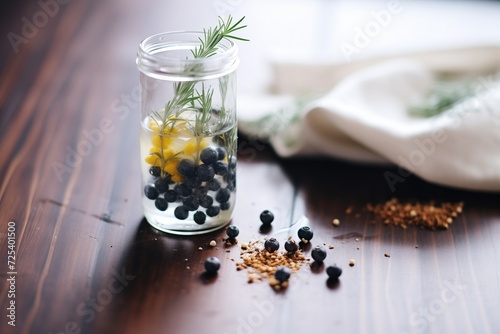 gin and tonic with bright bubbles, dark juniper berries