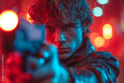 1980s Action movie hero with gun in neon light