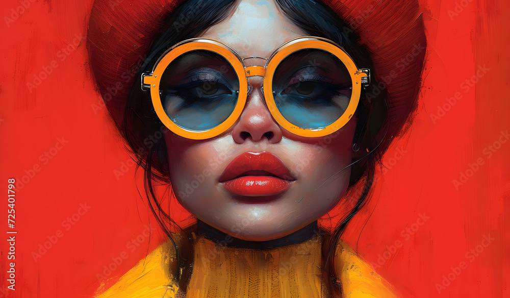 Stylish woman with oversized sunglasses and yellow collar on a red background. Stylish woman with oversized sunglasses and yellow collar on a red background.