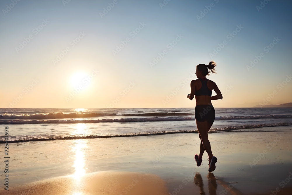 silhouette of woman running on sea beach with sunrise, healthy lifestyle
