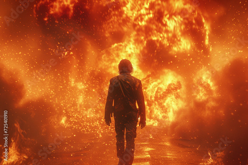1980s action hero walks unwaveringly with an explosion behind him