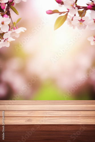 Wooden table spring nature bokeh background  empty wood desk product display mockup with green park sunny blurry abstract garden backdrop landscape ads showcase presentation. Mock up  copy space .